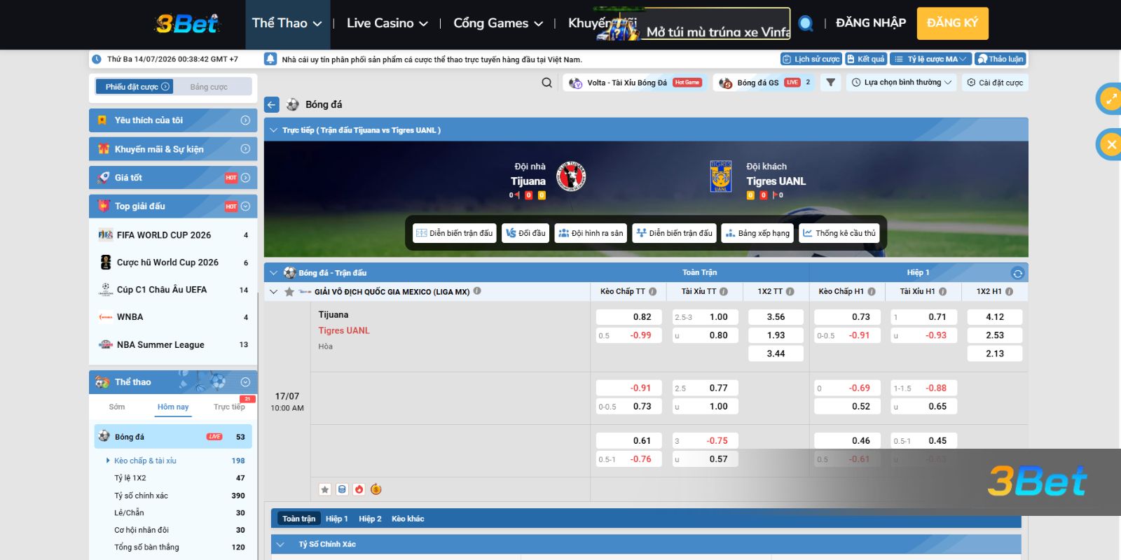 Soi kèo Tijuana vs Tigres 10h00 ngày 17/07/2026 cùng 3BET