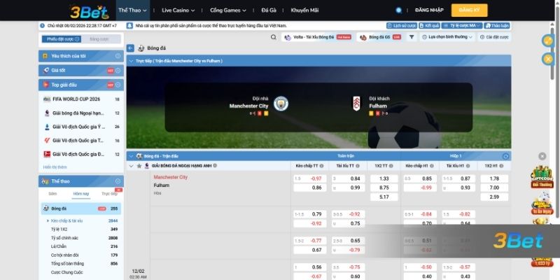 Tỷ lệ kèo Man City vs Fulham 02h30 ngày 12/02/2026