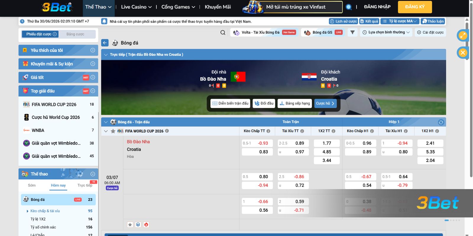 Soi kèo Bồ Đào Nha vs Croatia 06h00 ngày 03/07/2026 cùng 3BET