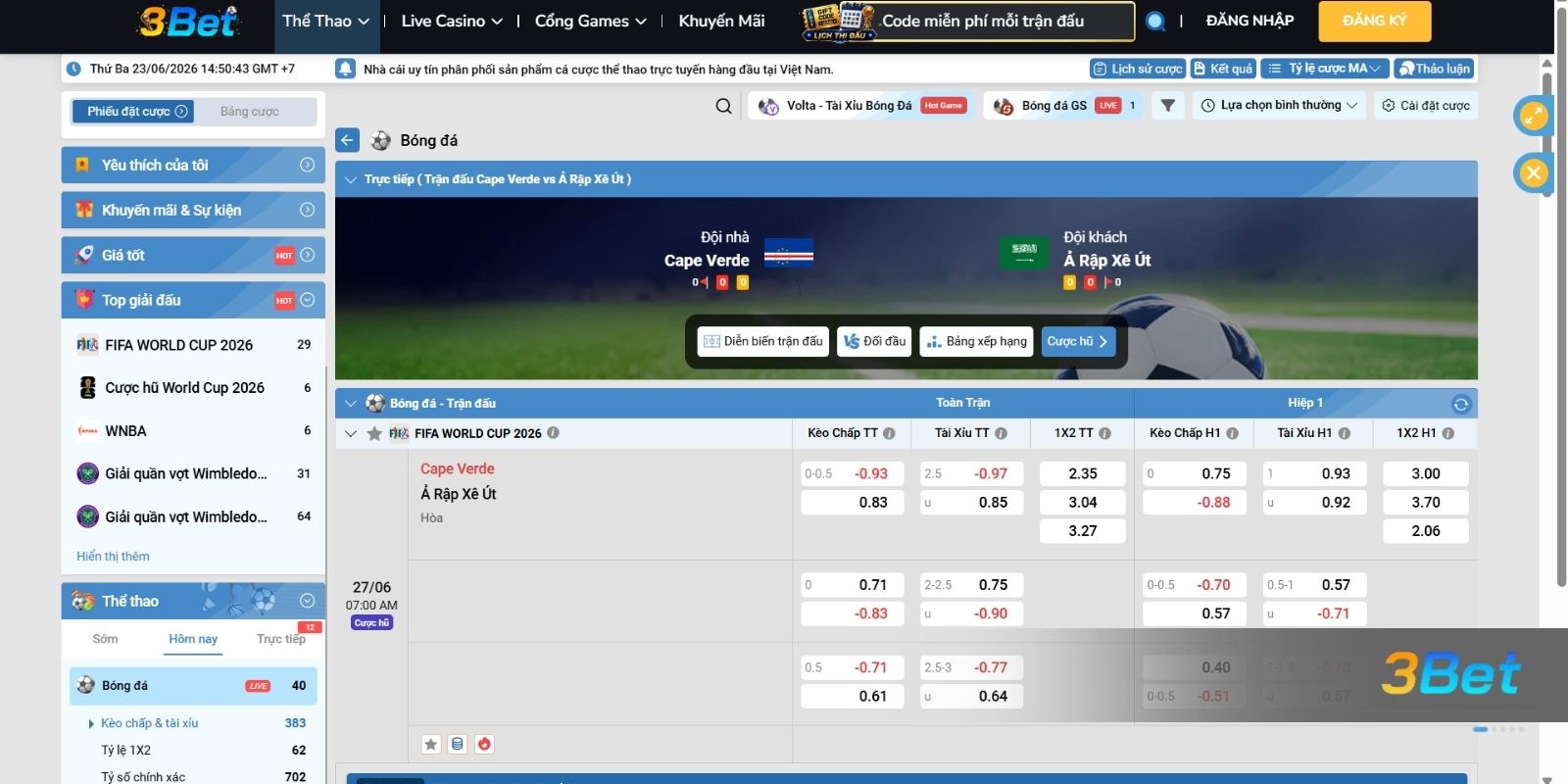 Soi kèo Cape Verde vs Ả Rập Xê Út 07h00 ngày 27/06/2026 cùng 3BET